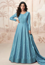 Load image into Gallery viewer, Sky Blue Silk Long Anarkali Suit
