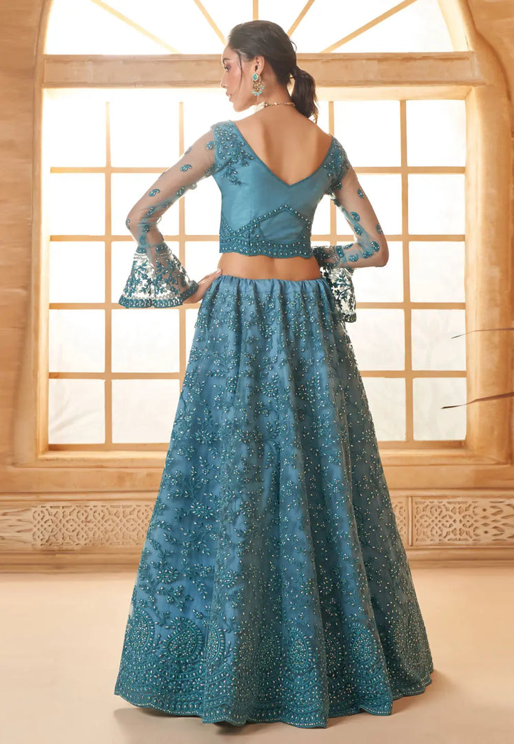 Sky Blue Silk Net Circular Lehenga Choli