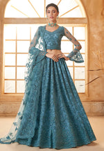 Load image into Gallery viewer, Sky Blue Silk Net Circular Lehenga Choli
