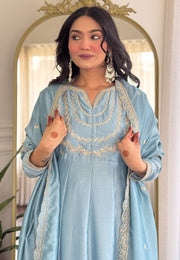 Sky Blue Silk Readymade Anarkali Suit