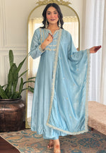 Load image into Gallery viewer, Sky Blue Silk Readymade Anarkali Suit
