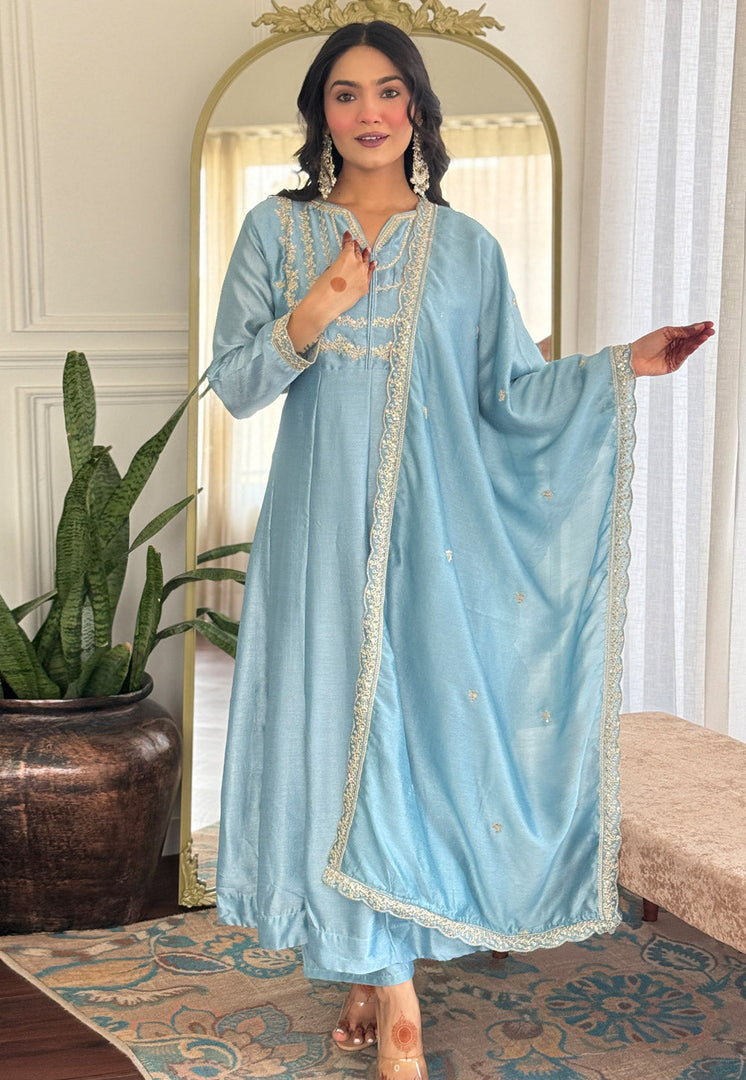 Sky Blue Silk Readymade Anarkali Suit