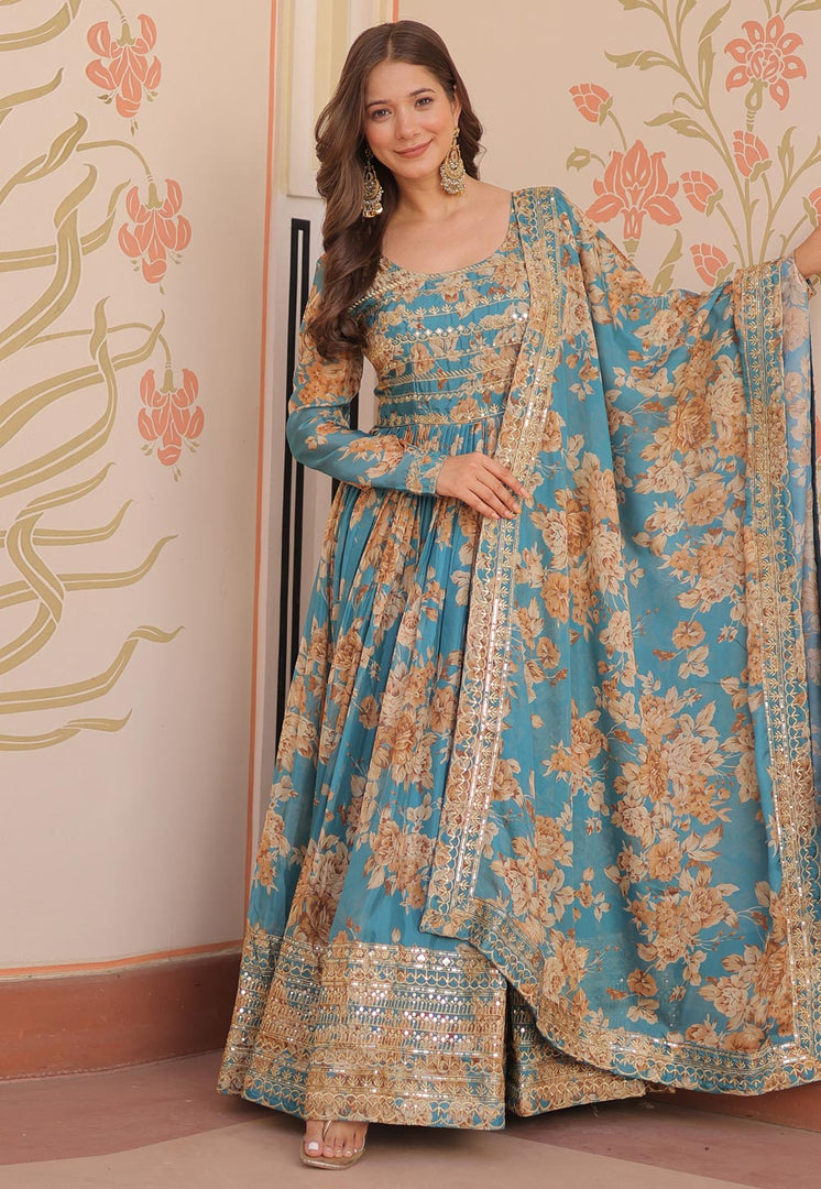 Sky Blue Silk Readymade Anarkali Suit