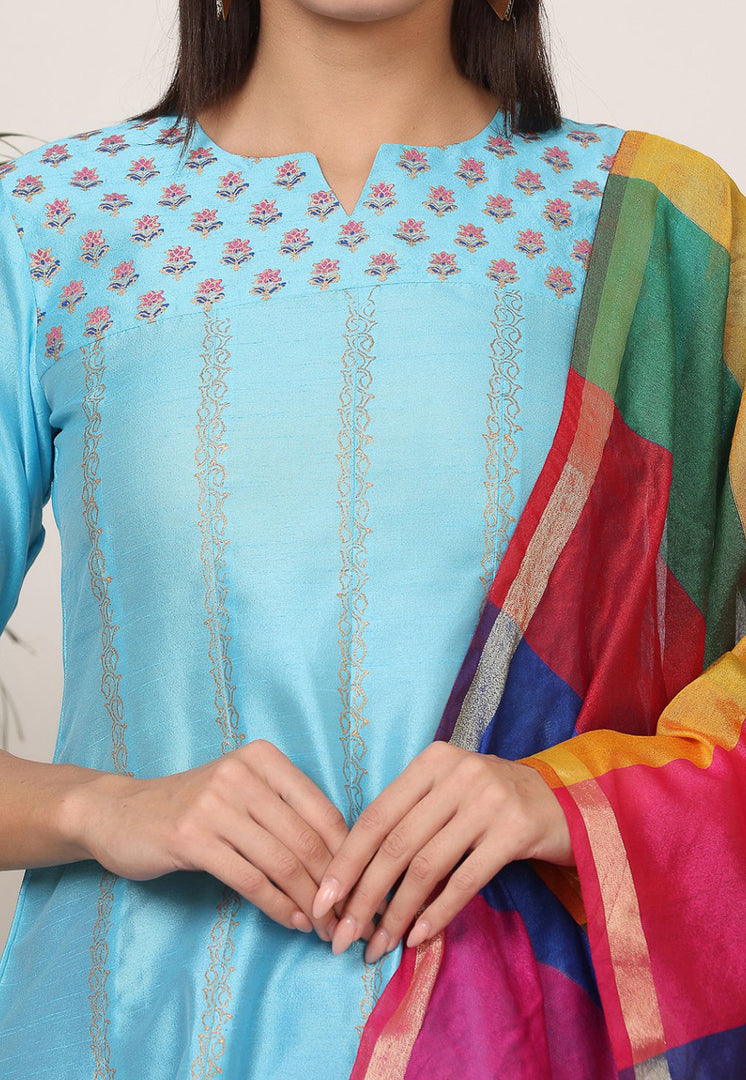 Sky Blue Silk Readymade Churidar Suit