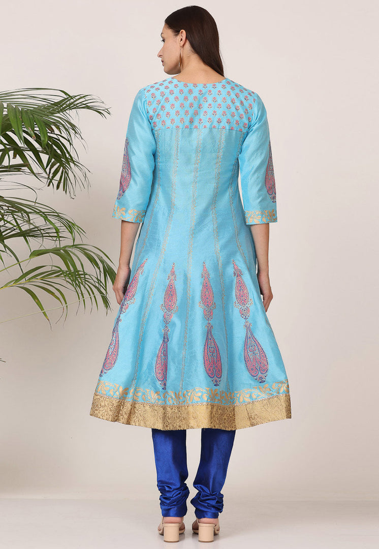 Sky Blue Silk Readymade Churidar Suit