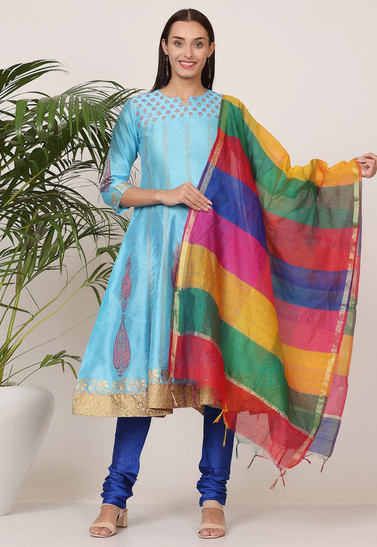 Sky Blue Silk Readymade Churidar Suit