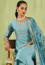 Load image into Gallery viewer, Sky Blue Silk Readymade Pakistani Suit
