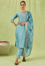 Load image into Gallery viewer, Sky Blue Silk Readymade Pakistani Suit
