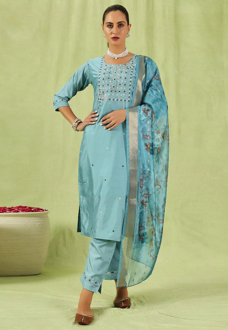 Sky Blue Silk Readymade Pakistani Suit