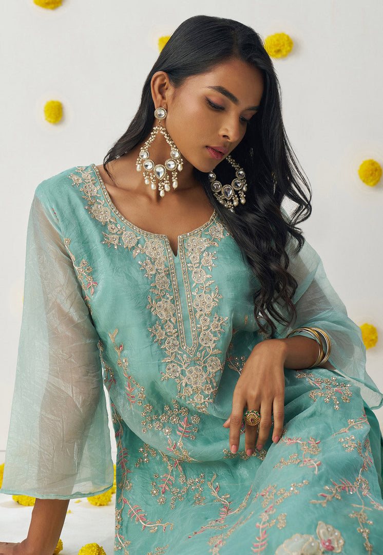 Sky Blue Silk Readymade Pakistani Suit