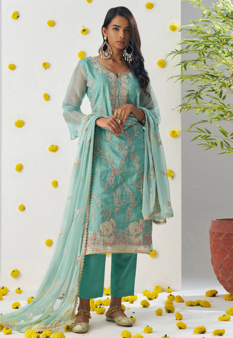 Sky Blue Silk Readymade Pakistani Suit