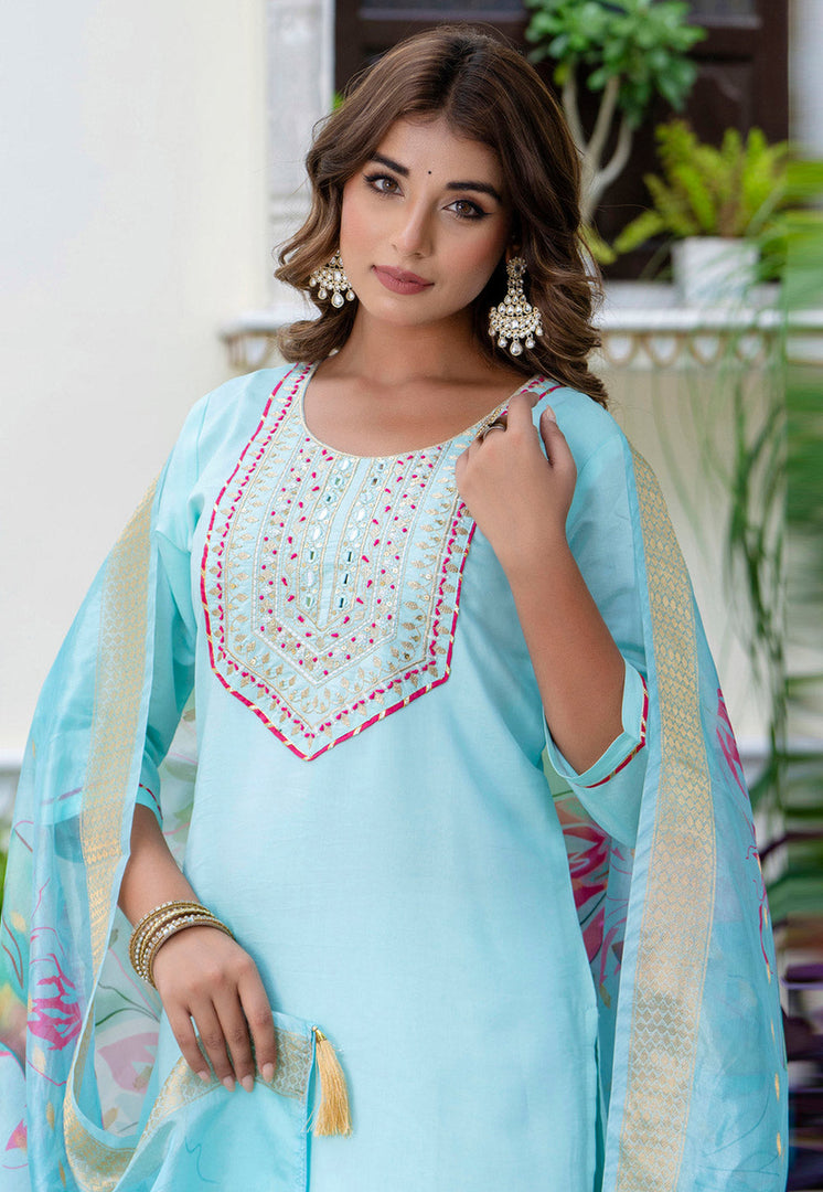 Sky Blue Silk Readymade Pakistani Suit