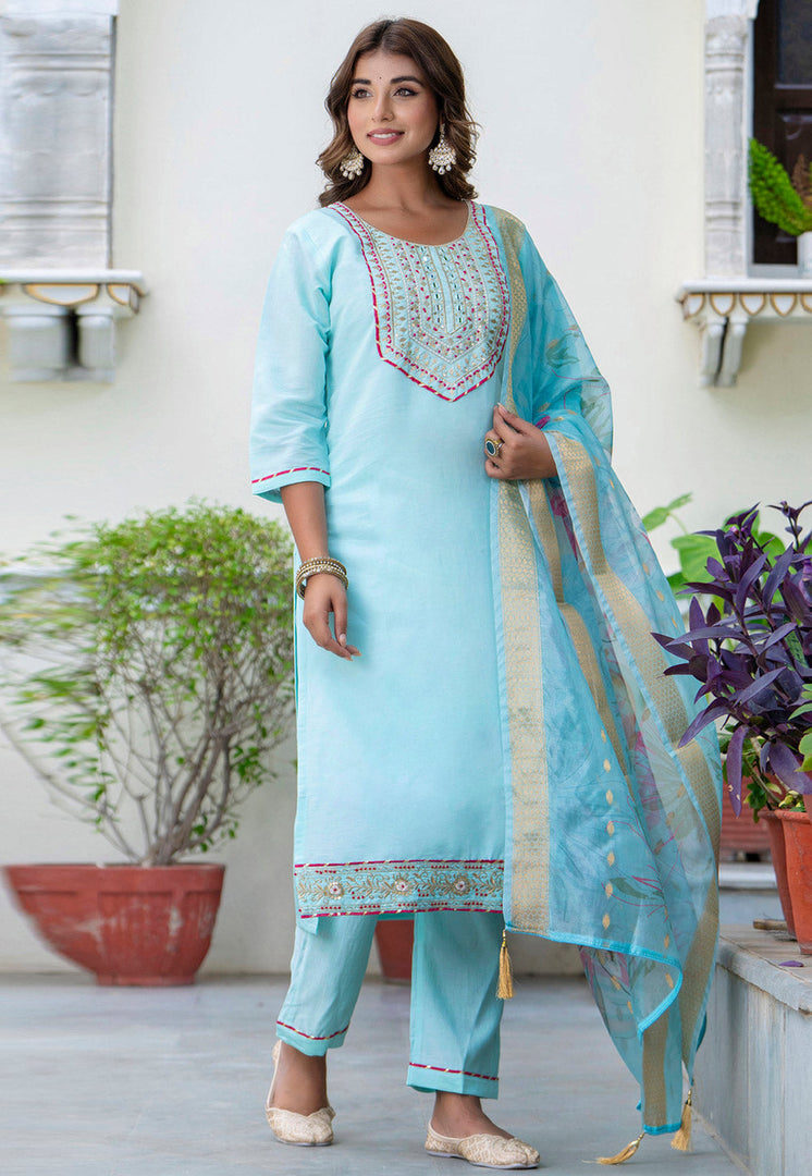 Sky Blue Silk Readymade Pakistani Suit