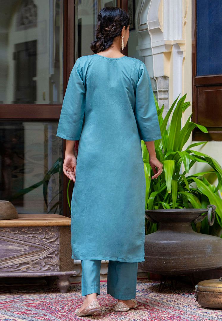 Sky Blue Silk Readymade Pakistani Suit