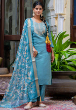 Load image into Gallery viewer, Sky Blue Silk Readymade Pakistani Suit
