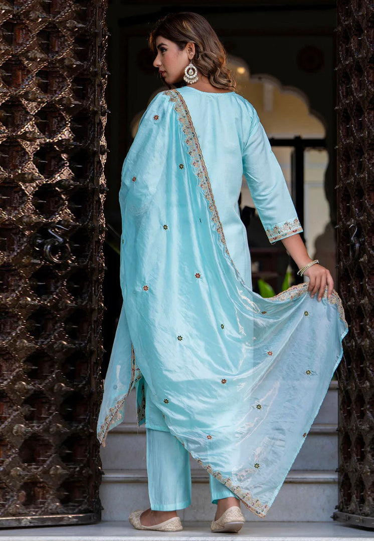 Sky Blue Silk Readymade Pant Style Suit