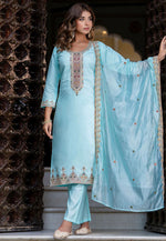 Load image into Gallery viewer, Sky Blue Silk Readymade Pant Style Suit
