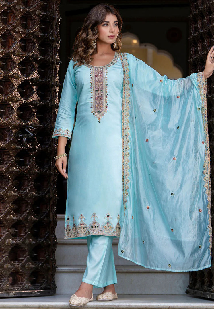 Sky Blue Silk Readymade Pant Style Suit