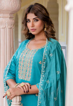 Load image into Gallery viewer, Sky Blue Silk Readymade Pant Style Suit
