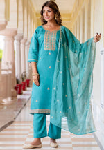 Load image into Gallery viewer, Sky Blue Silk Readymade Pant Style Suit
