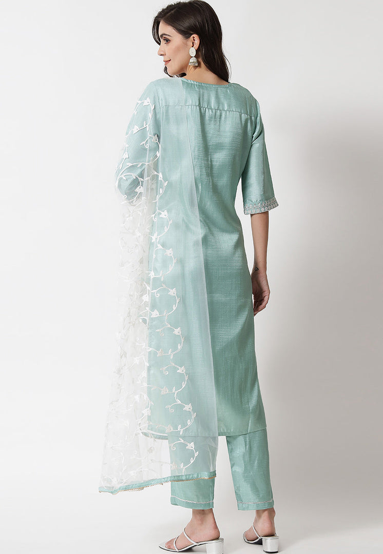 Sky Blue Silk Readymade Pant Style Suit