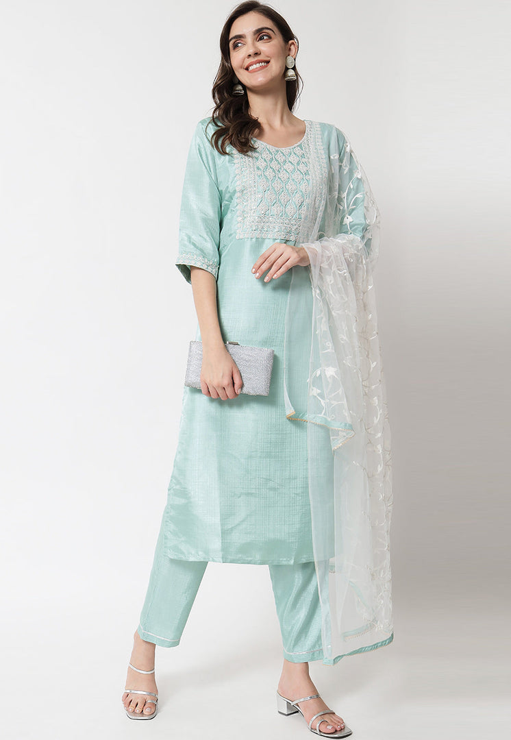Sky Blue Silk Readymade Pant Style Suit