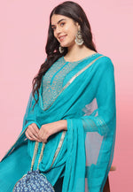 Load image into Gallery viewer, Sky Blue Silk Readymade Pant Style Suit
