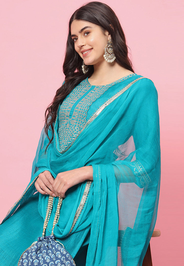 Sky Blue Silk Readymade Pant Style Suit
