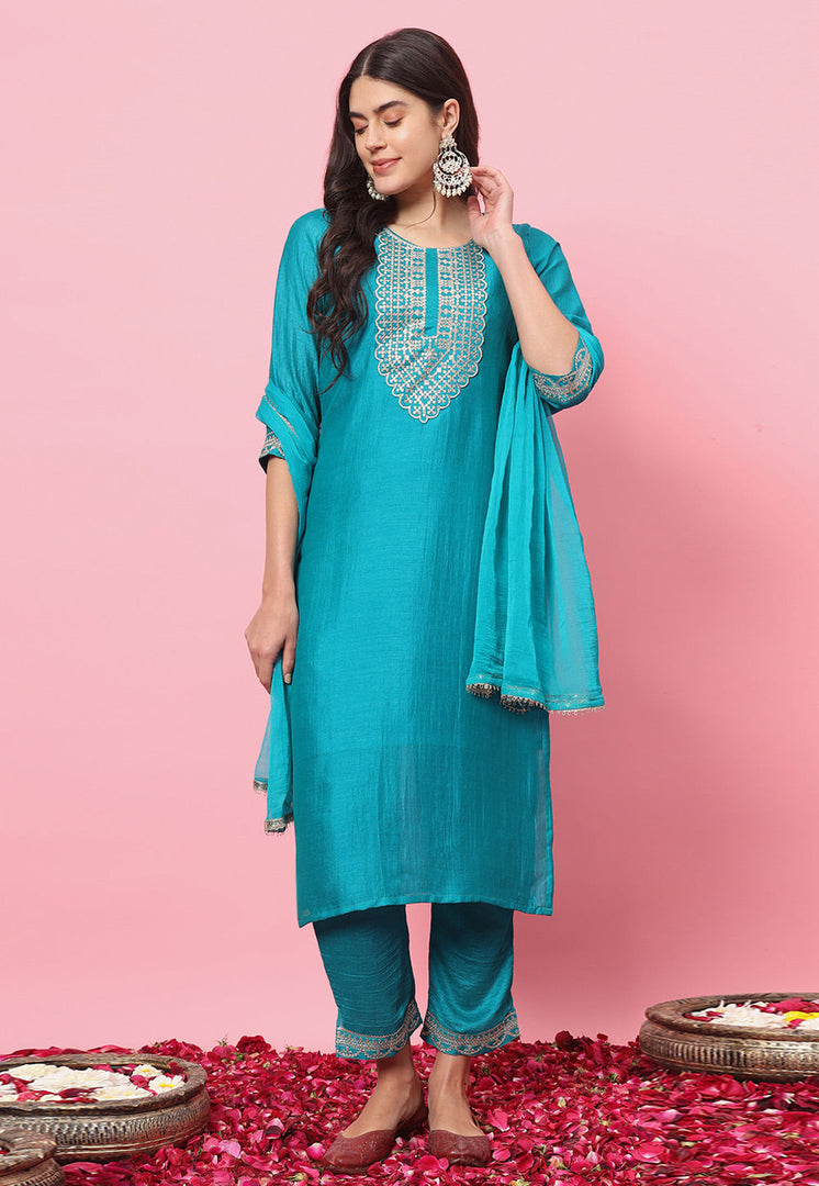 Sky Blue Silk Readymade Pant Style Suit