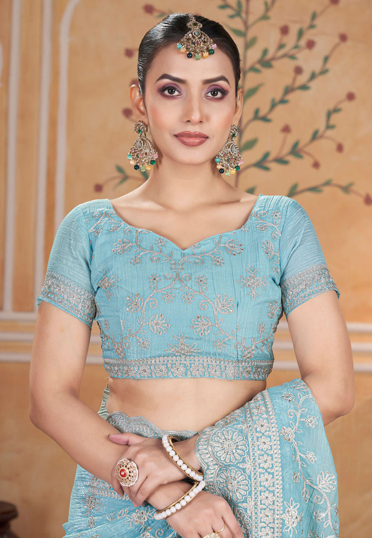 Sky Blue Silk Saree With Blouse