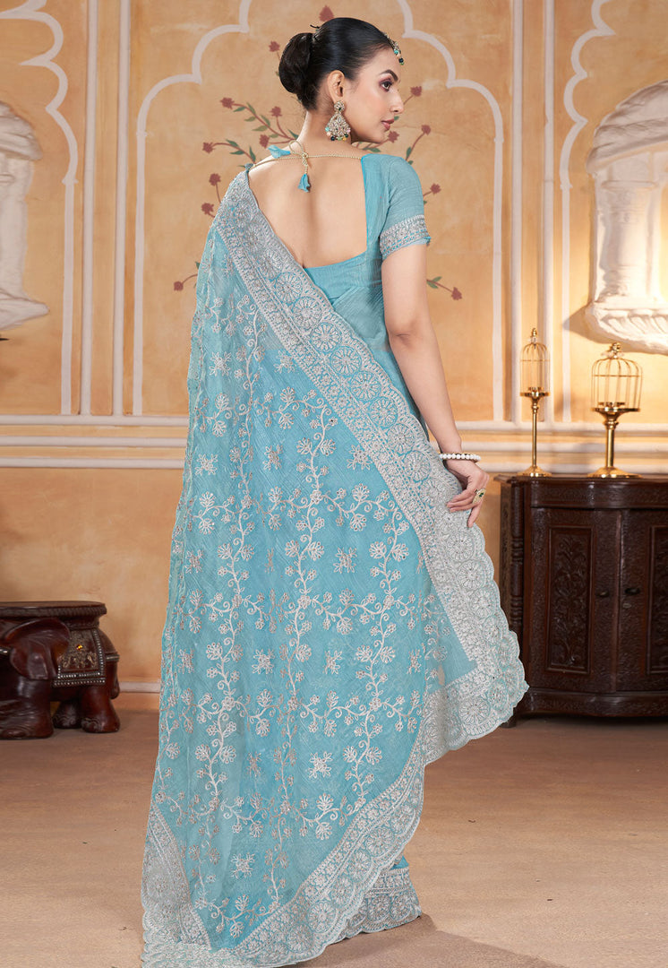 Sky Blue Silk Saree With Blouse