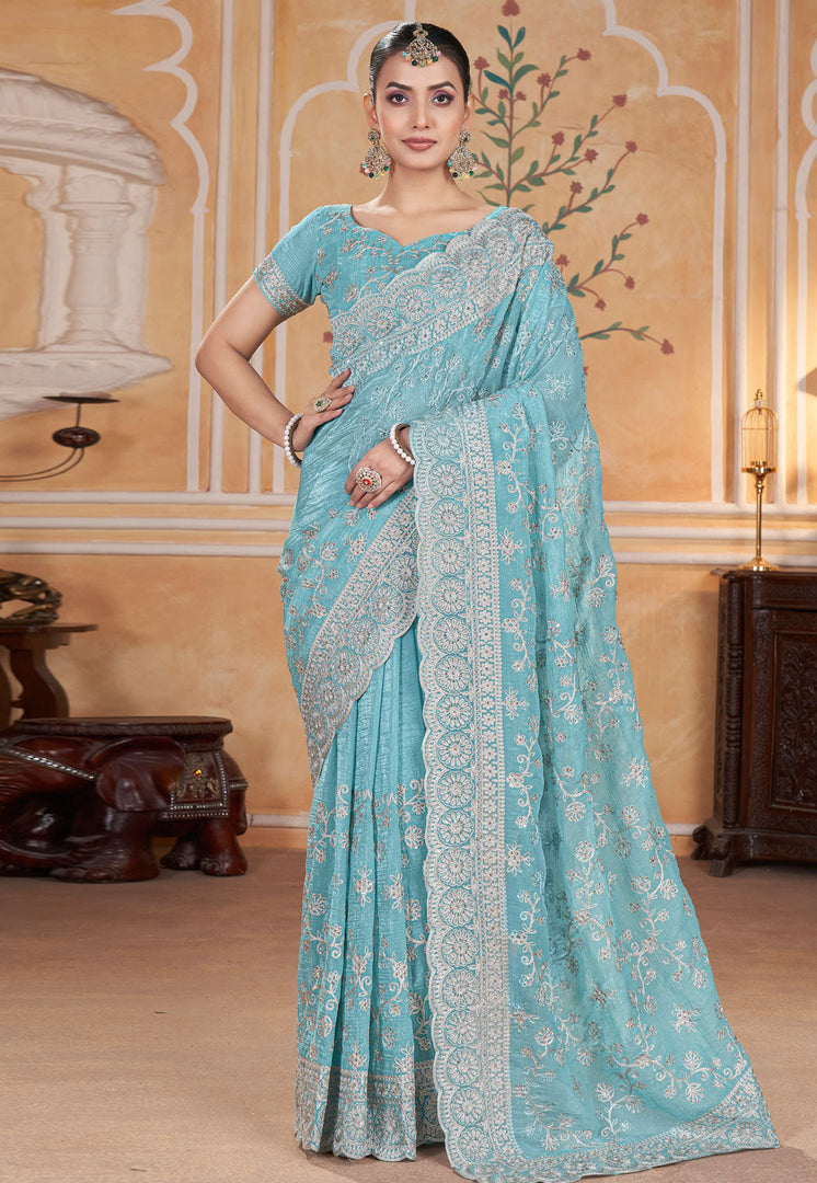Sky Blue Silk Saree With Blouse