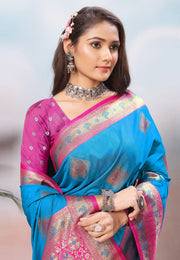 Sky Blue Silk Saree With Blouse