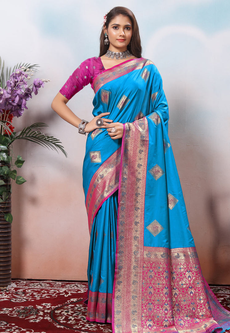 Sky Blue Silk Saree With Blouse