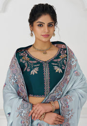 Sky Blue Silk Saree With Blouse