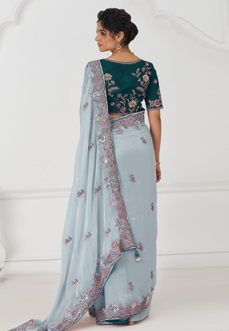 Sky Blue Silk Saree With Blouse