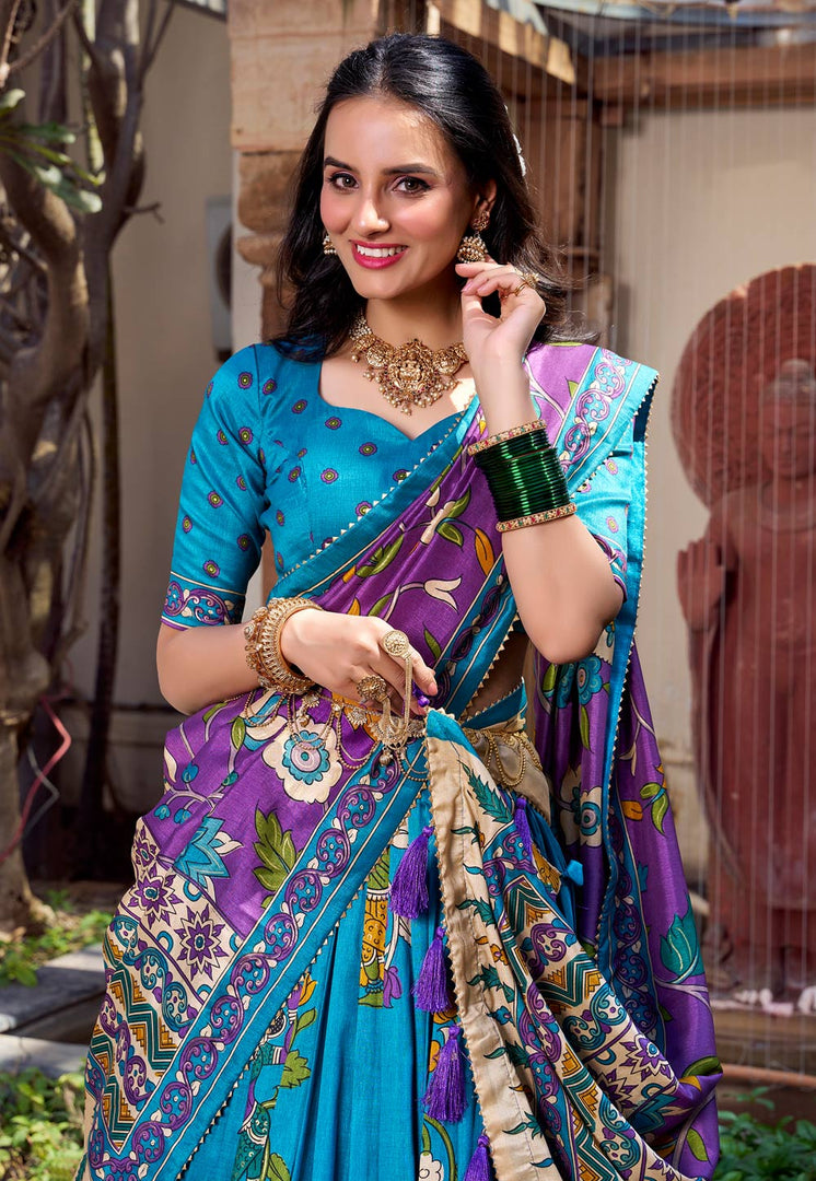 Sky Blue Tussar Silk Circular Lehenga Choli