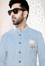 Load image into Gallery viewer, Sky Blue Velvet Indo Western Suit
