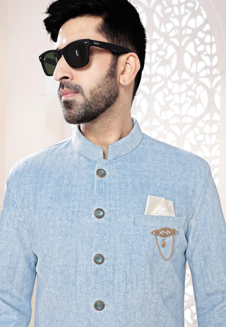 Sky Blue Velvet Indo Western Suit