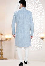 Load image into Gallery viewer, Sky Blue Velvet Indo Western Suit
