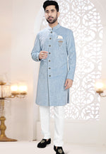 Load image into Gallery viewer, Sky Blue Velvet Indo Western Suit
