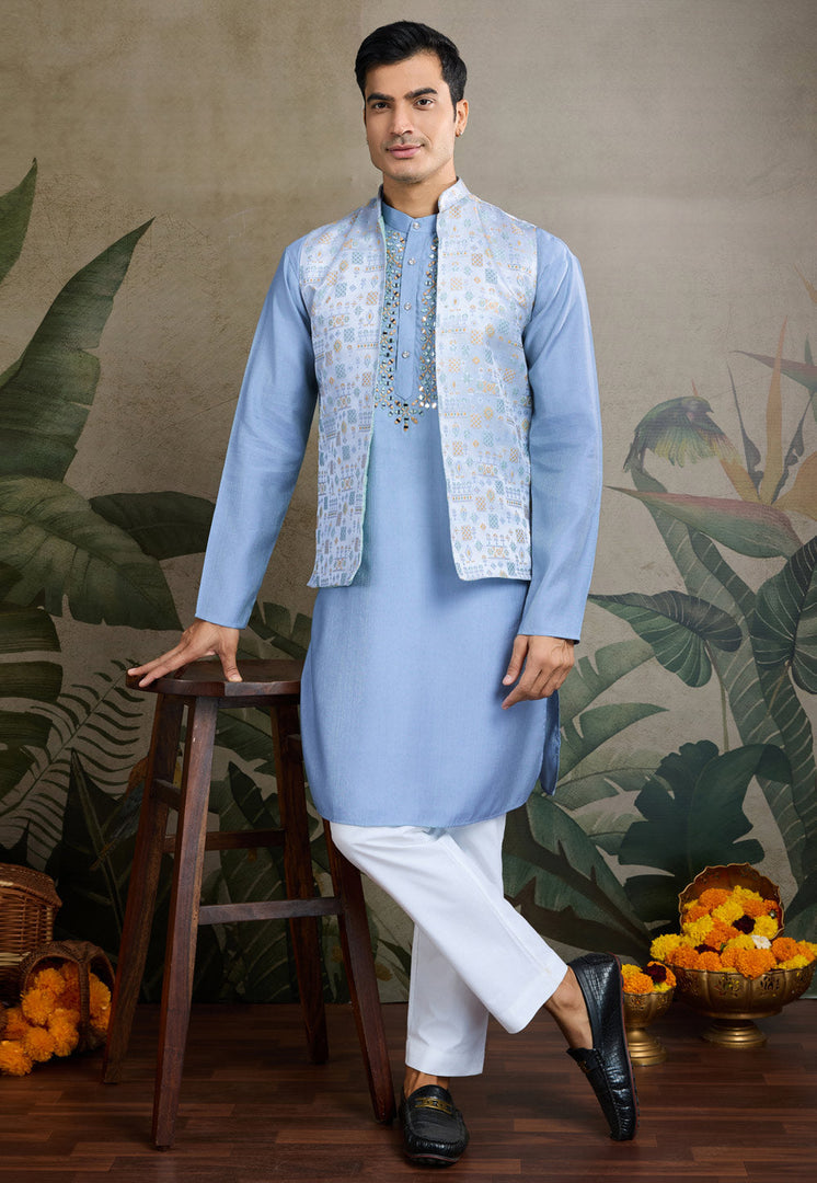 Sky Blue Viscose Kurta Pajama With Jacket