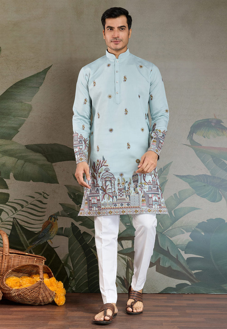 Sky Blue Viscose Kurta Pajama With Stole