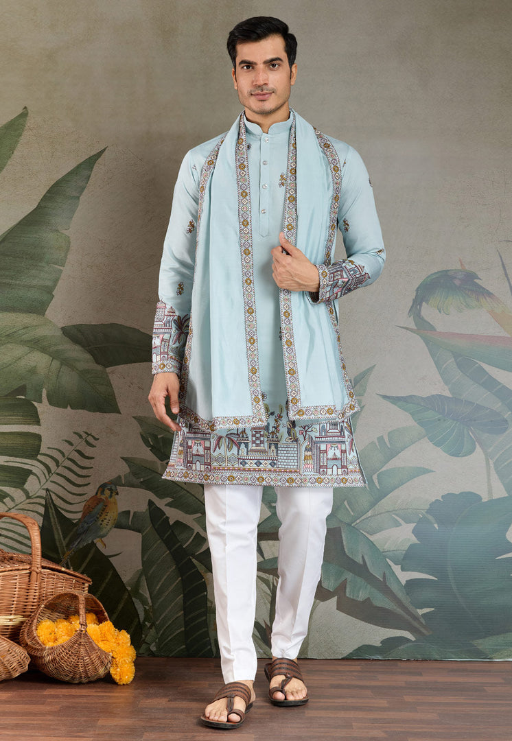 Sky Blue Viscose Kurta Pajama With Stole