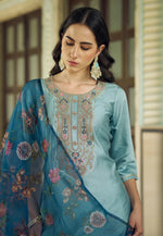 Load image into Gallery viewer, Sky Blue Viscose Rayon Readymade Pant Style Suit
