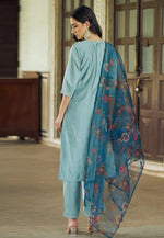 Load image into Gallery viewer, Sky Blue Viscose Rayon Readymade Pant Style Suit

