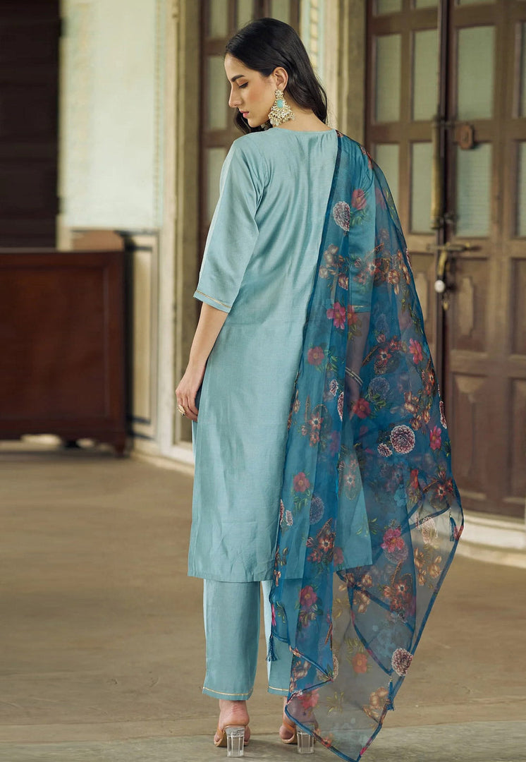 Sky Blue Viscose Rayon Readymade Pant Style Suit