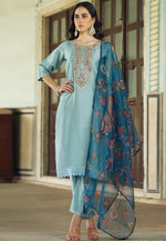 Load image into Gallery viewer, Sky Blue Viscose Rayon Readymade Pant Style Suit
