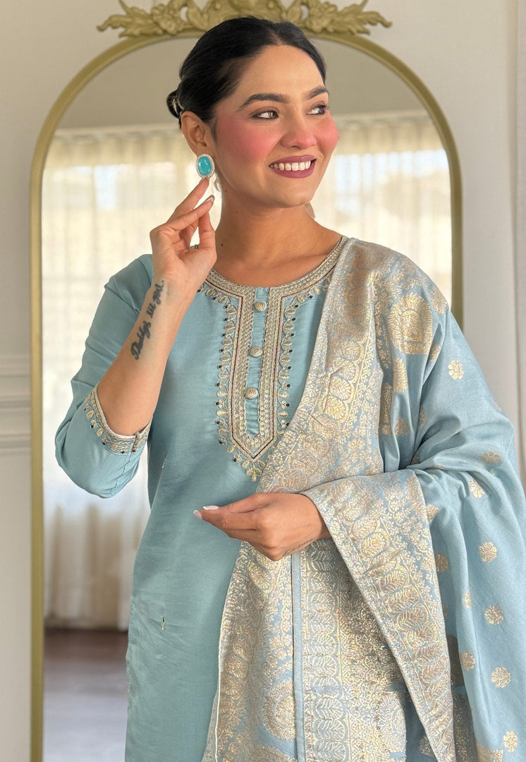 Sky Blue Viscose Readymade Pakistani Suit