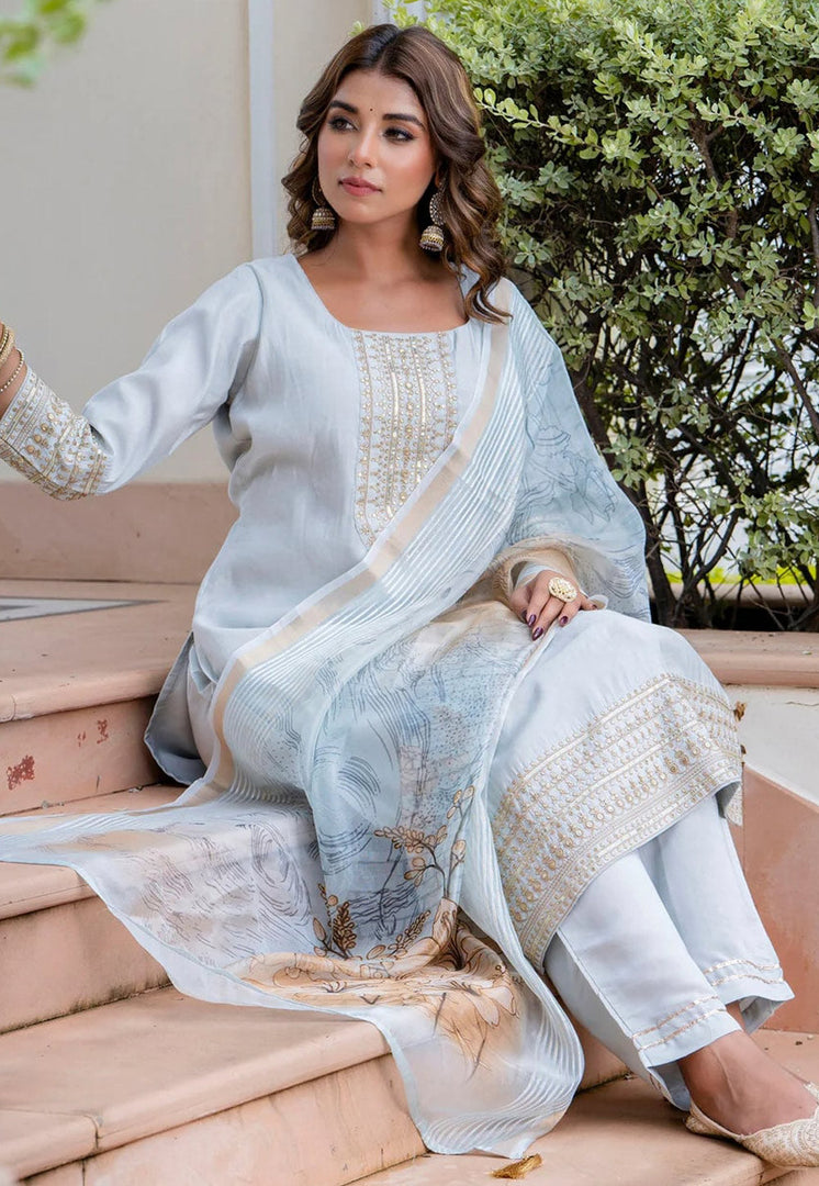 Sky Blue Viscose Readymade Pant Style Suit